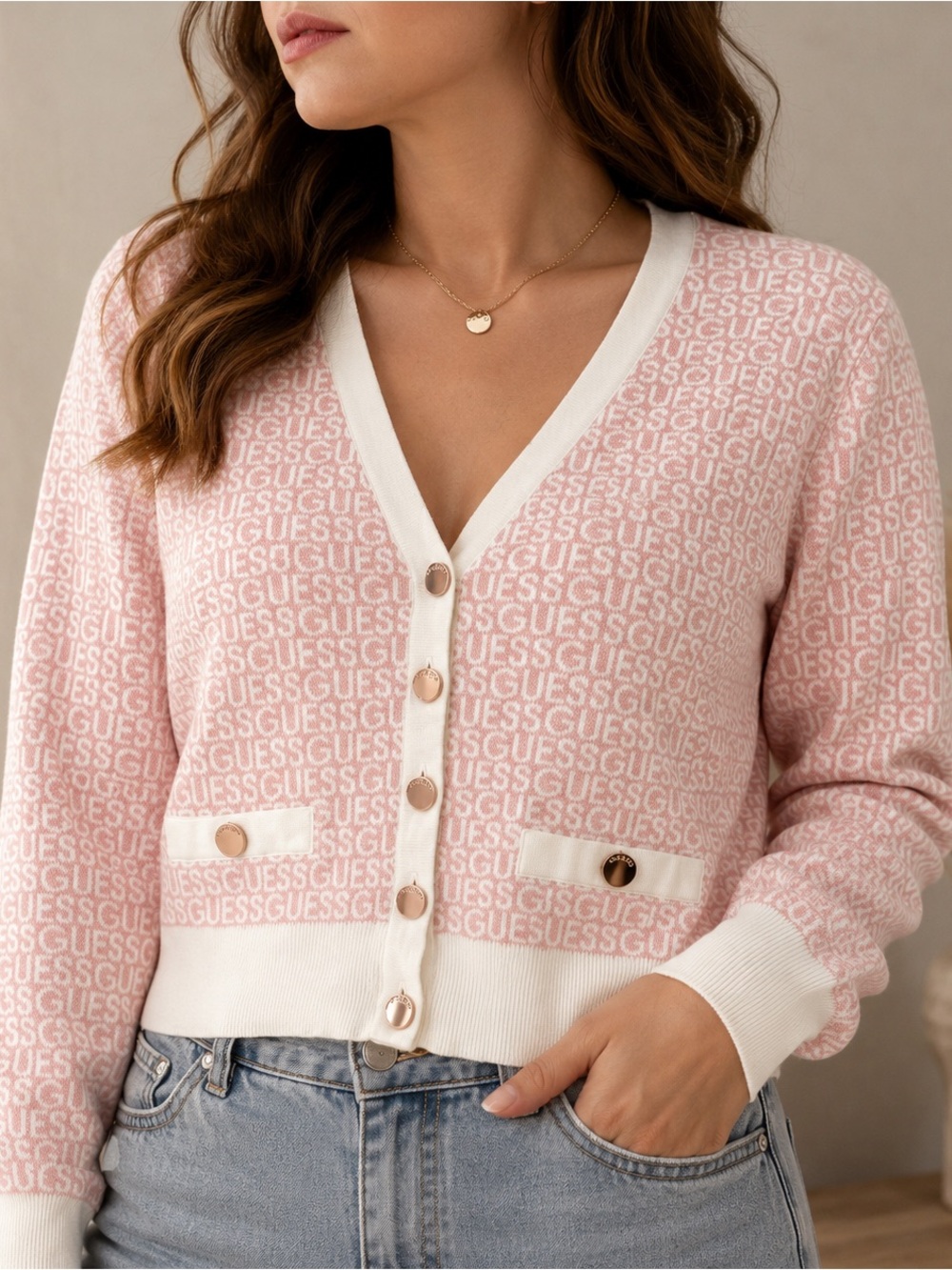 GUESS Pink White Logo Cardigan Sweater Rose Gold Buttons XL Cropped